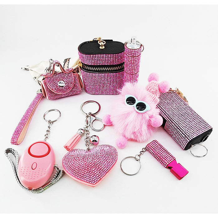 Wholesale 8 Piece Lipstick Shaped Personal Alarm With Heart Pom Pom Design Self Defense Keychain For Women Cute Fashion Accessory Gift