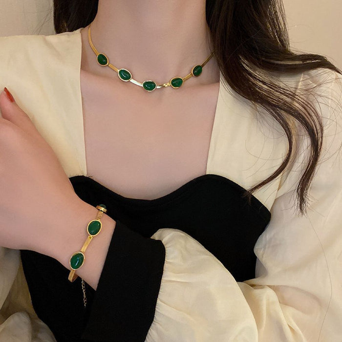 Wholesale Retro irregular emerald titanium steel necklace