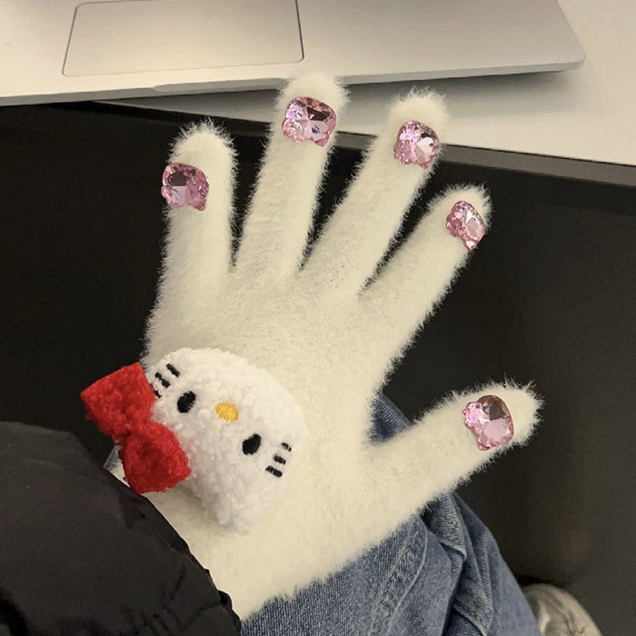 Wholesale Cute Diamond Gloves women' s winter warm glutinous  plush gloves thickened warm student Five Finger Set
