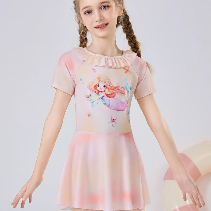 Wholesale Children's swimsuit new swimsuit, girls' cartoon swimsuit, sun protection quick drying medium and large children's short sleeved skirt one-piece swimsuit
