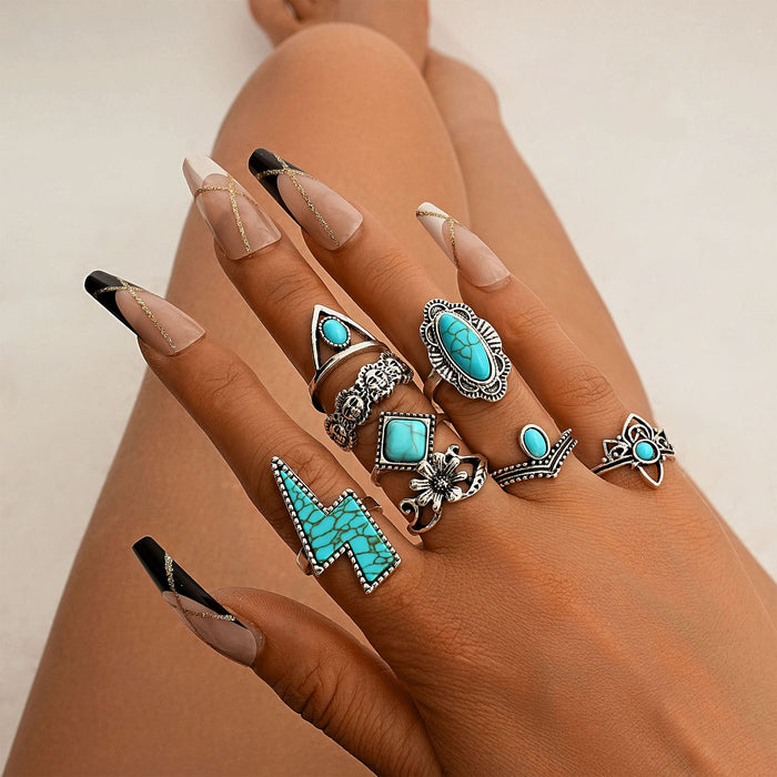 Wholesale Ethnic Style Retro Turquoise Carved Feather Ring Fashionable and Personalized 8-Piece Combination Ring Set