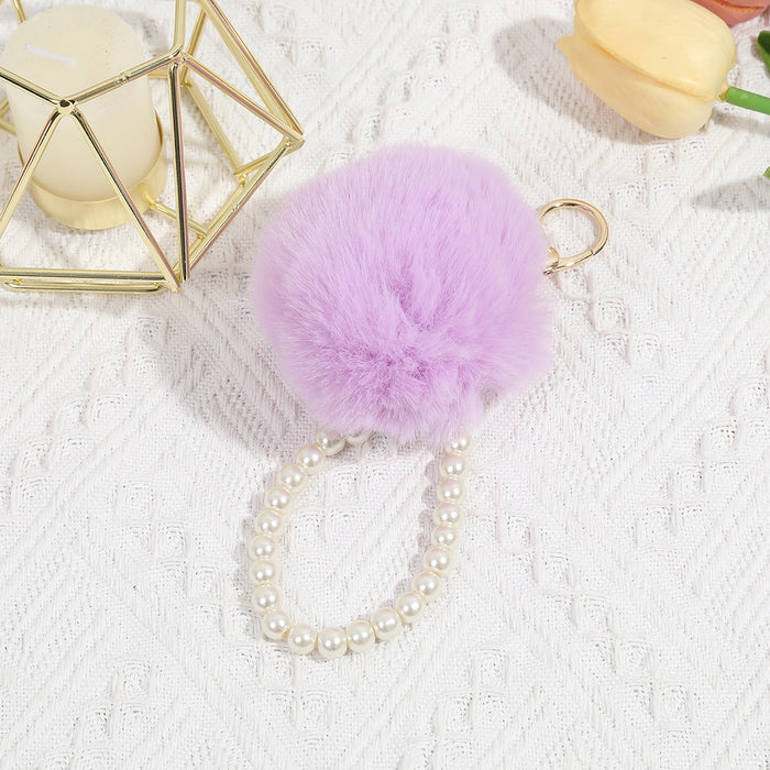 Wholesale Cute Pearl fur ball pendant bag decoration plush keychain mobile phone earphone cover car fur ornaments