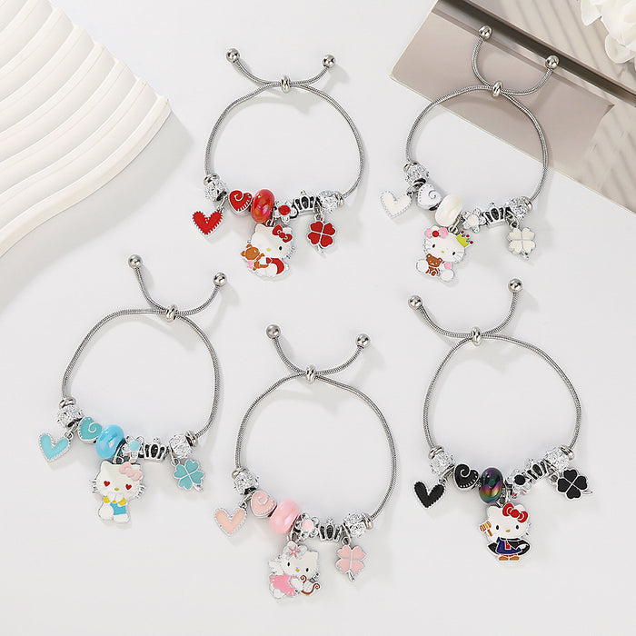 Wholesale Cartoon beaded heart and lucky four-leaf clover adjustable bracelet