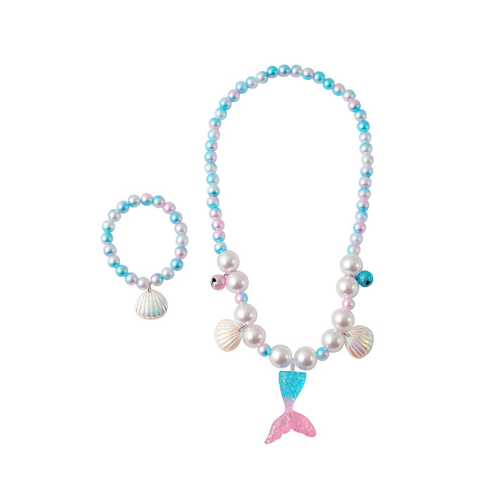 Wholesale Children' s new synthetic pearl jewelry set cute cartoon mermaid tail beaded necklace bracelet earring set