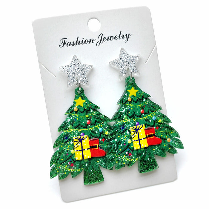 Wholesale Christmas acrylic double-layer three-dimensional earrings Christmas tree bells bright color holiday party earrings