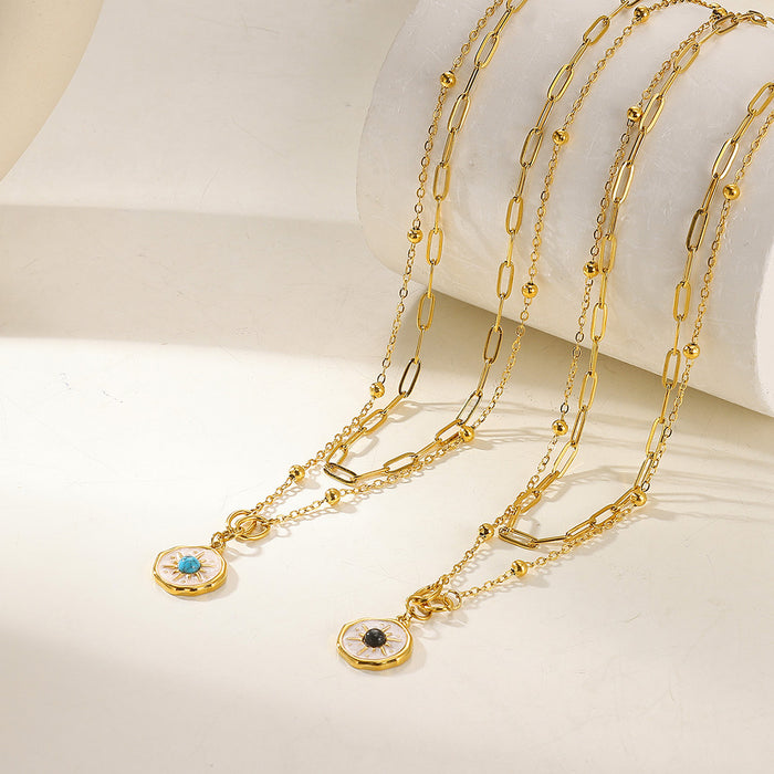 Wholesale Double Layer Gold Stainless Steel Simple Turquoise  Necklace