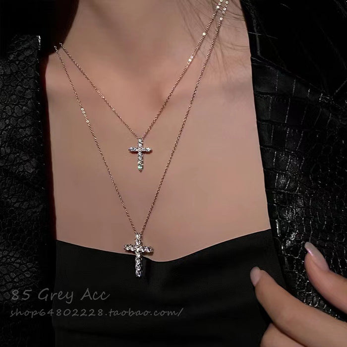 Wholesale Diamond studded cross titanium steel sweater necklace, light luxury hoodie chain, locking bone chain