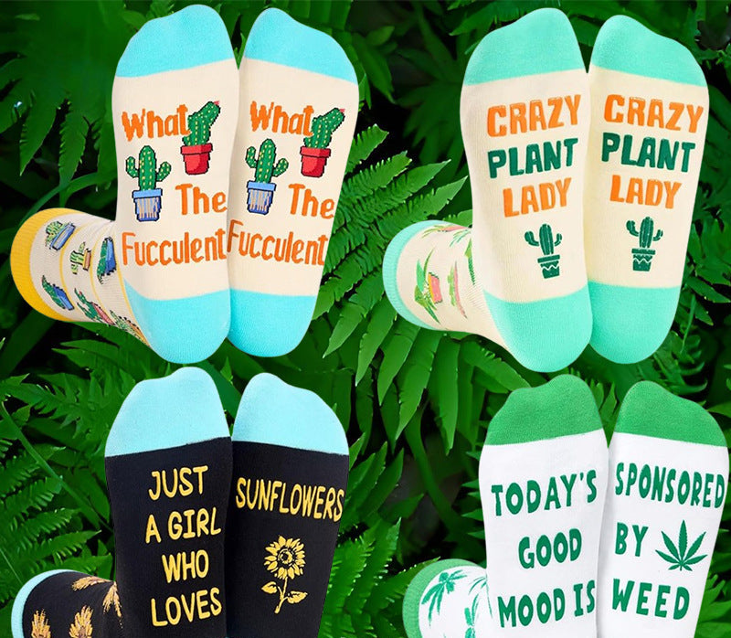 Wholesale Green Plant Series Jacquard Socks Cotton Mid-Tube Trendy Socks Cartoon Fun Floor Socks