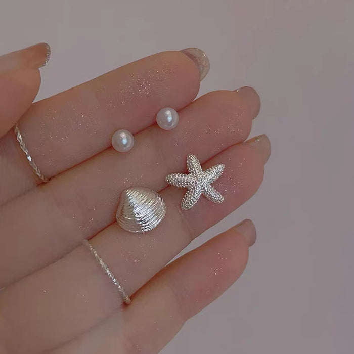 Wholesale S925 Anti-Silver Starfish Shell Pearl Earrings Women's Four-Piece Set