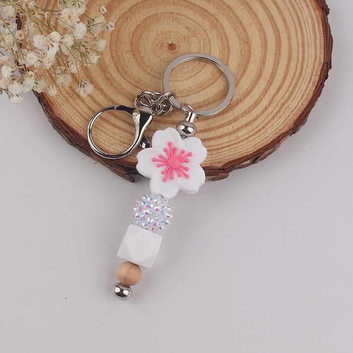 Wholesale Begonia  Flower Beaded Tassel Keychain Pendant Silicone Beads Handmade Bag Decoration Hanging