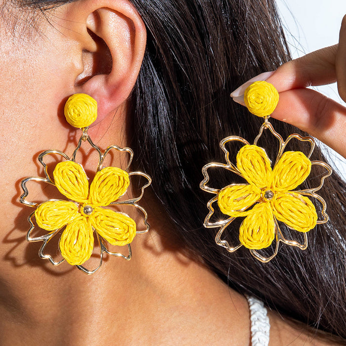 Wholesale Raffia Flower Earrings Summer Beach Style Fashion Accessory MOQ≥2
