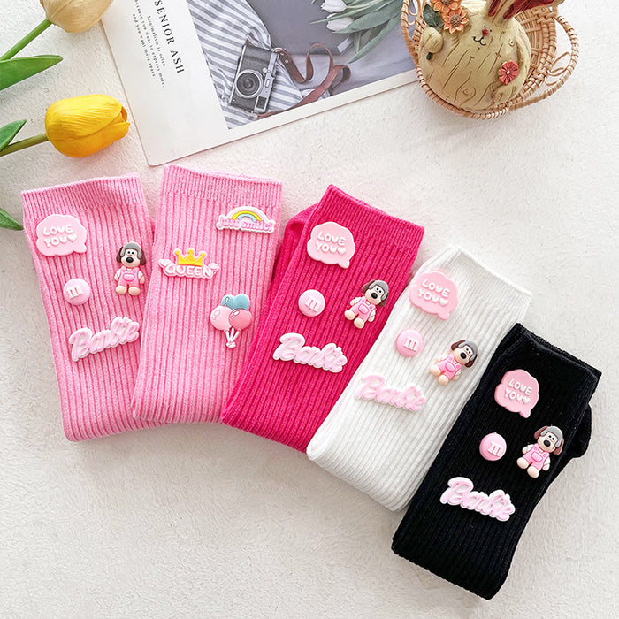 Wholesale White  Pile Socks for Women Dopamine Socks Design Niche Cartoon Sports Mid-Length Socks
