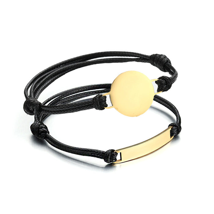 Wholesale Adjustable engraving mirror polished titanium steel disc leather rope woven bracelet stainless steel wax rope hand decoration engraving