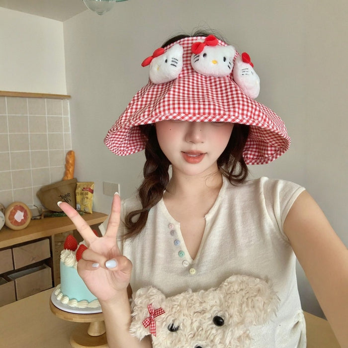 Wholesale Leisure red checkered basin hat with large brim for sun protection, cute cartoon fisherman hat