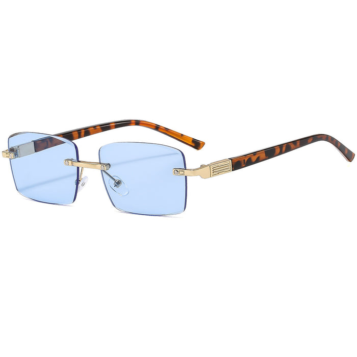 Wholesale Wood grain temple metal frameless sunglasses, irregular square trendy sunglasses