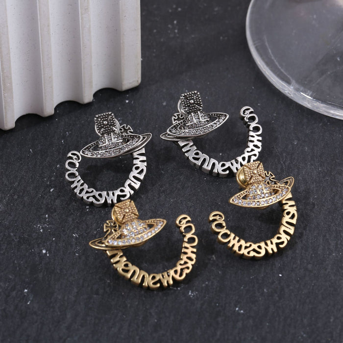Wholesale Saturn full diamond letter earrings retro old planet earrings