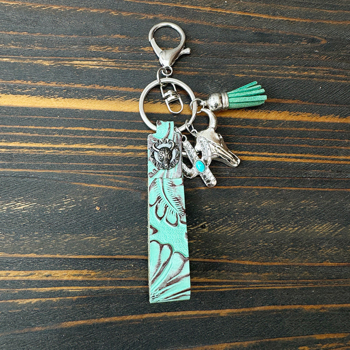 Wholesale Genuine Leather Western Cowboy Retro Keychain Turquoise Pendant Decorative