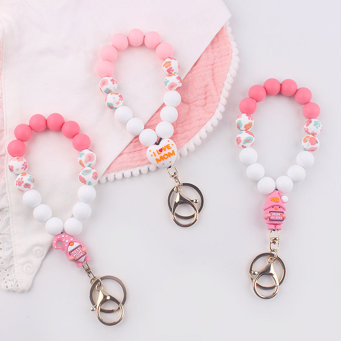 Wholesale Mother' s Day Silicone Wrist Keychain Pendant Love Silicone Beaded Bracelet Key Ring Accessories