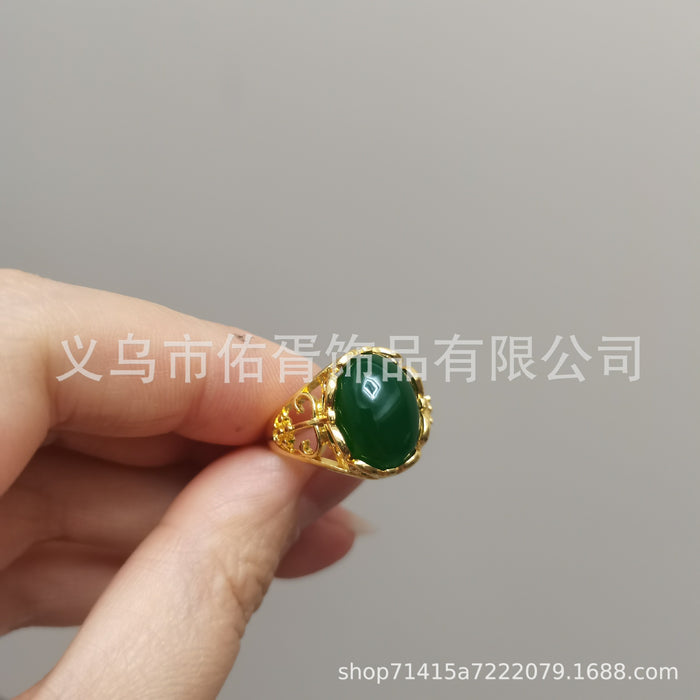 Wholesale New Grandmother Imitation Green Jadeite Ring with Temperament and Opening Imitation Red Green Agate Colored Women's Ring