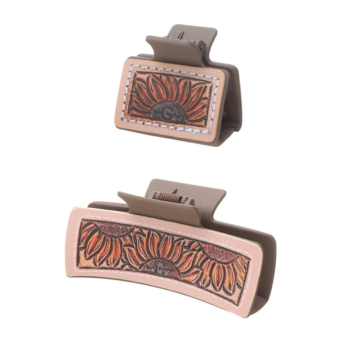 Wholesale Western Style Sunflower Cactus Poker Pattern Leather Hairclip Grab Clip Combination suit Women Shark Clip