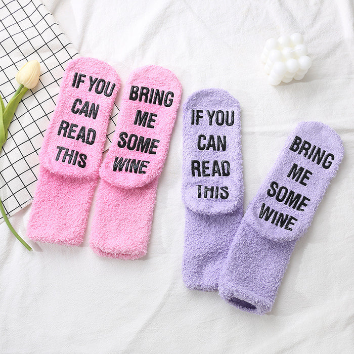 Wholesale Glass socks with adhesive letter design, coral fleece socks that won't fall off, plush socks