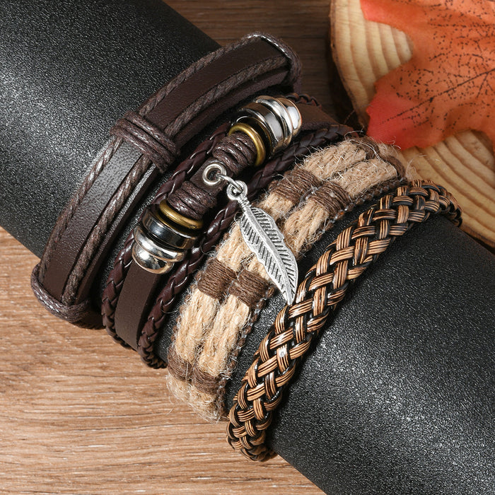 Wholesale New retro minimalist style feather alloy multi-layer leather pull-out 4-piece men's bracelet set