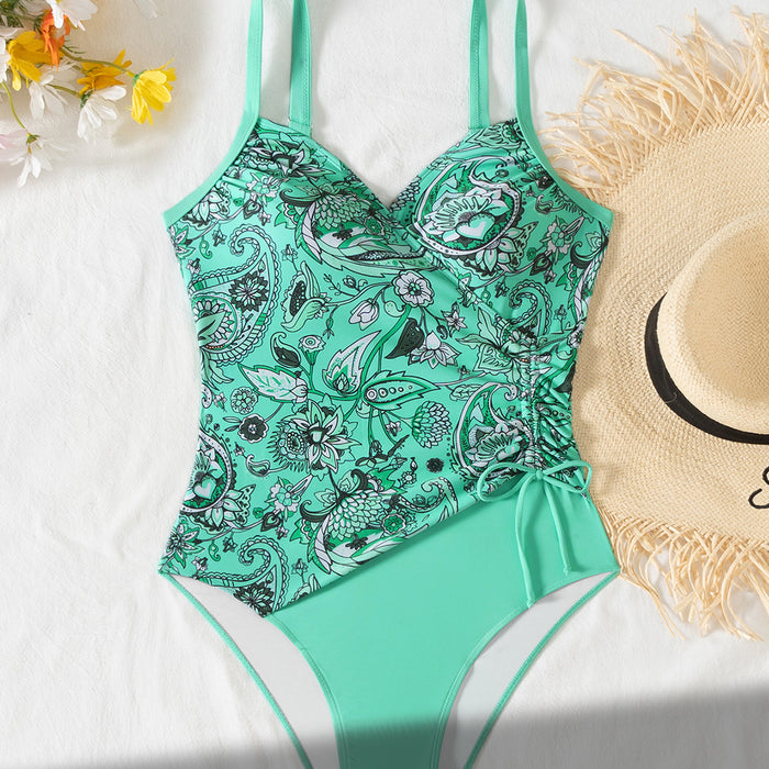 Wholesale Printed one-piece drawstring pleated slimming one-piece swimsuit for women