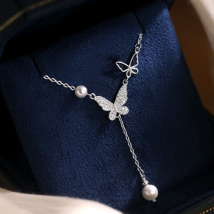Wholesale New butterfly inspired pearl studded diamond necklace with luxurious design and collarbone chain