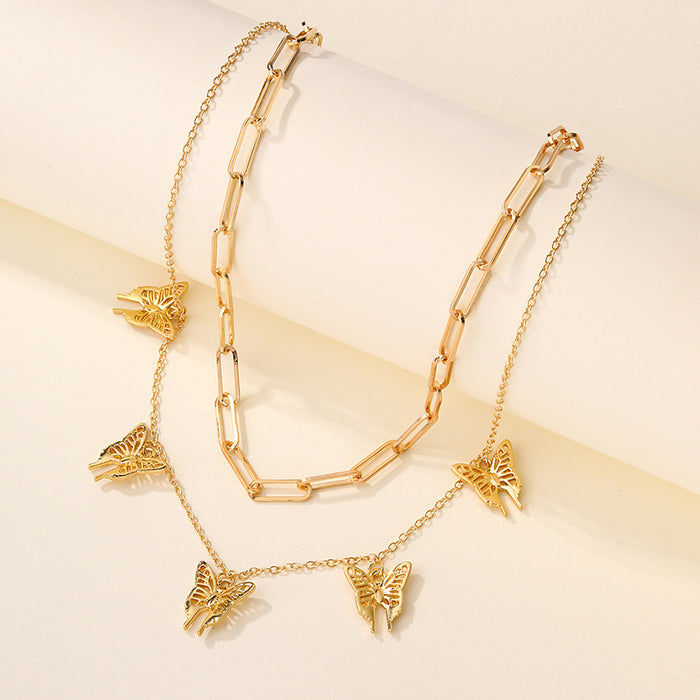 Wholesale Fashion and personalized double layered necklace with alloy butterfly thick chain pendant for accessories