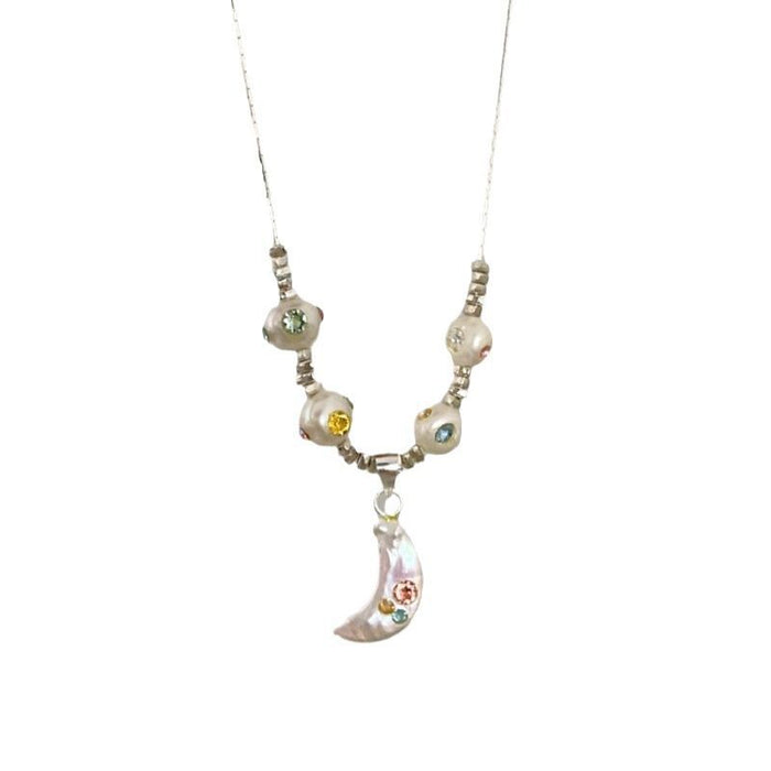 Wholesale Baroque pearl crescent silver necklace summer color zircon moon clavicle necklace