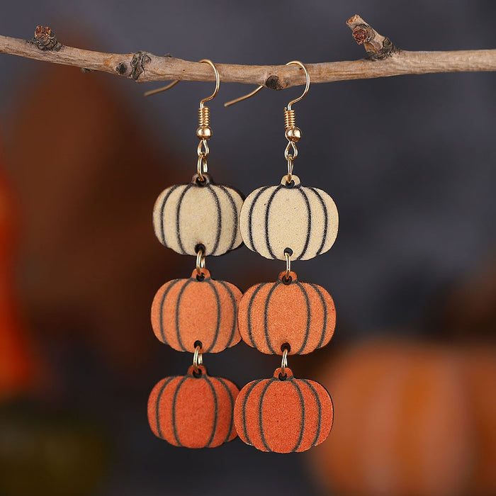 Wholesale Thanksgiving Three Color Pumpkin Triple Pendant Earrings Wooden Double-Sided Earrings Party Gift for Women