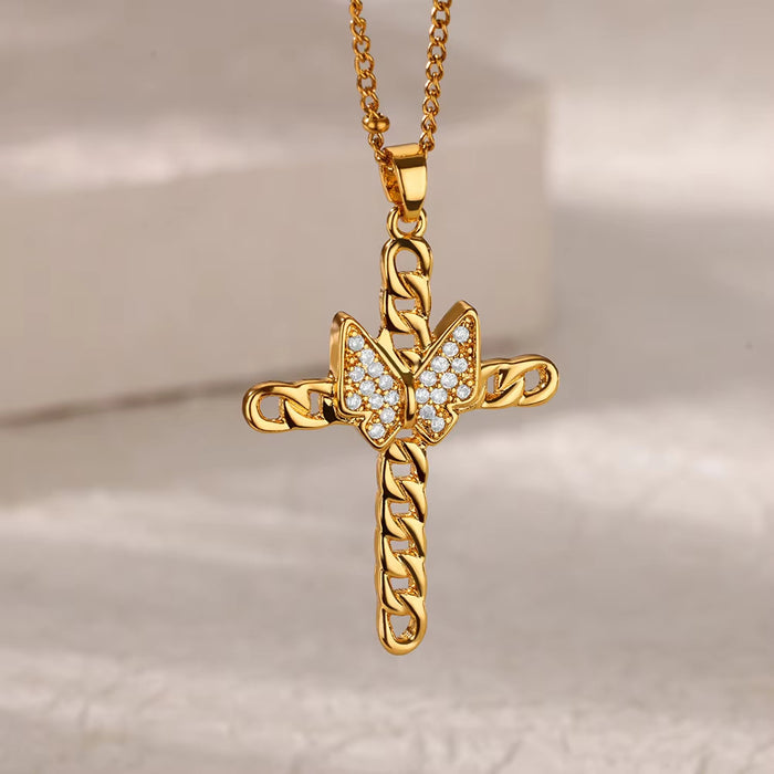 Wholesale Copper Micro-Paved Zircon Fashion Cross Pendant Women' s Necklace