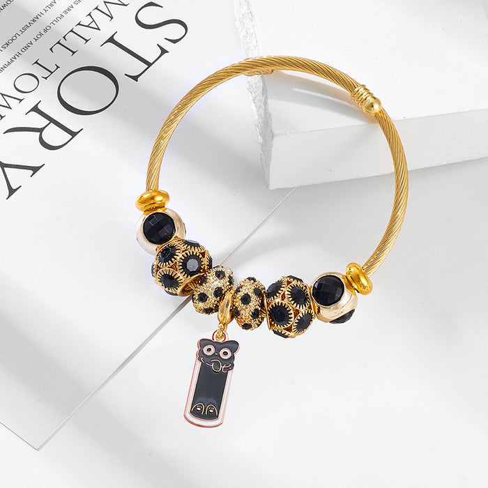 Wholesale Cute Black Cat Design Stainless Steel Bead Bracelet Stylish Jewelry Accessory for Women