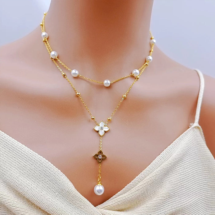 Wholesale Irregular Flower Star Pearl Double Layer Tassel Necklace JDC-NE-JinL004