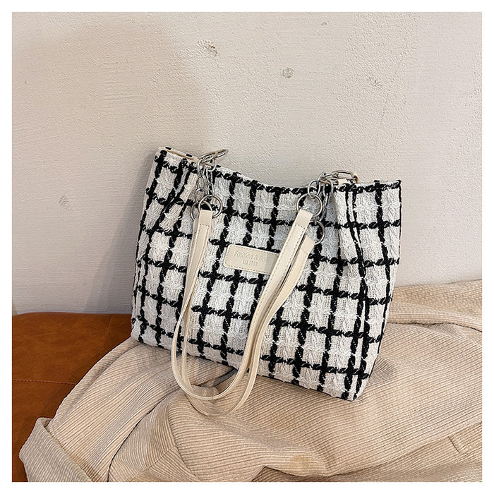 Wholesale Woolen Large Capacity Plaid Ladies Handbag Shoulder Tote Bag JDC-SD-HT024