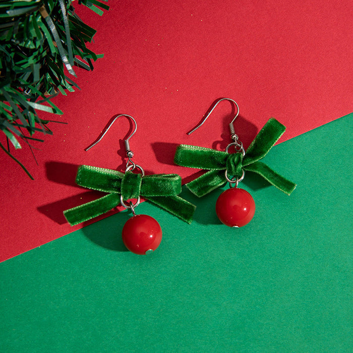 Wholesale Alloy Christmas Earrings Red Green Bow Pom-Pom Party Jewelry Accessory Gift MOQ≥2