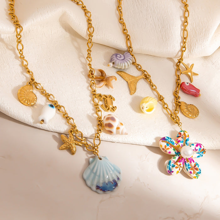 Wholesale Stainless Steel Necklace Exaggerated Big Fishtail Colorful Big Shell Ocean Style Multi-Element  Gold Clavicle Chain