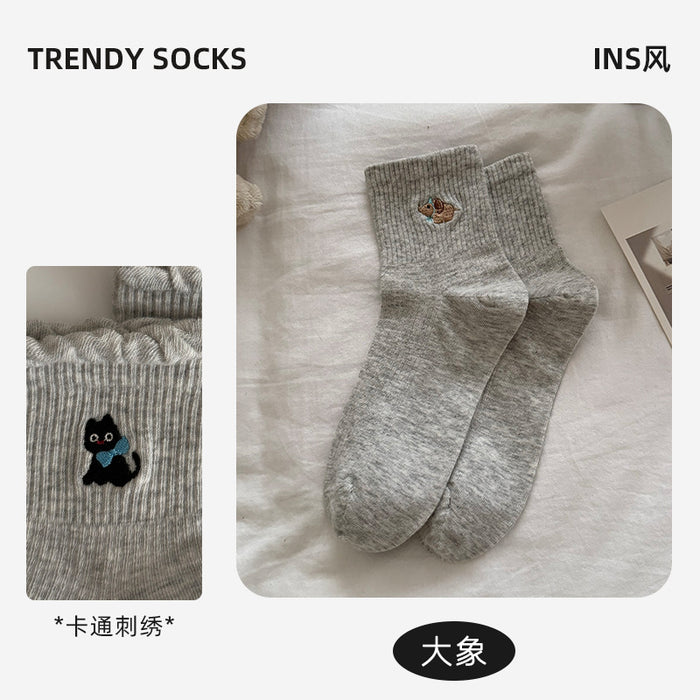 Wholesale Socks Children's Cotton Socks Cartoon Embroidery Lace Middle Sock Pattern Grey Sports Socks
