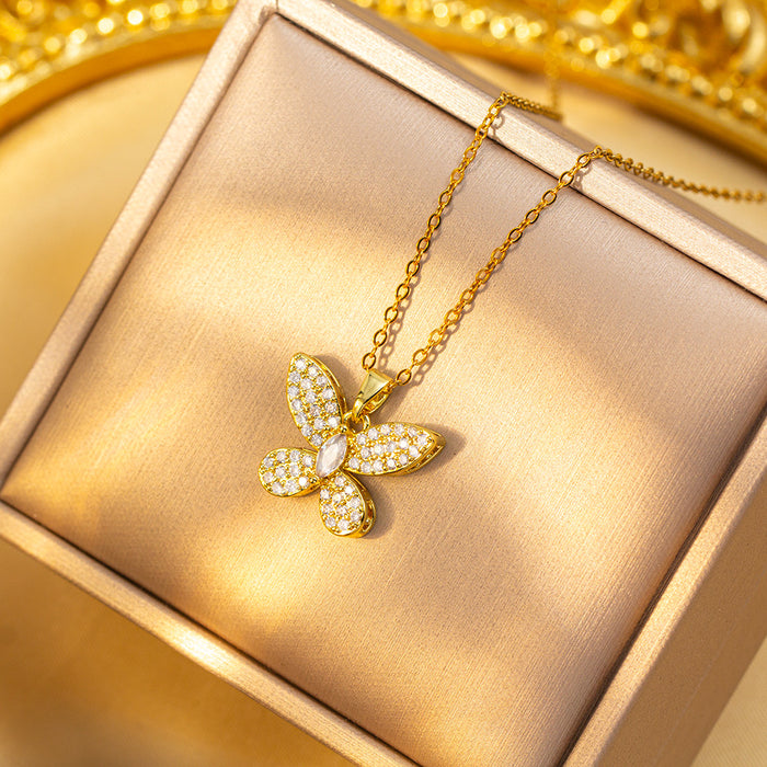 Wholesale Chic Butterfly Titanium Steel Copper Zircon Jewelry Set Necklace Earrings Bracelet MOQ≥2