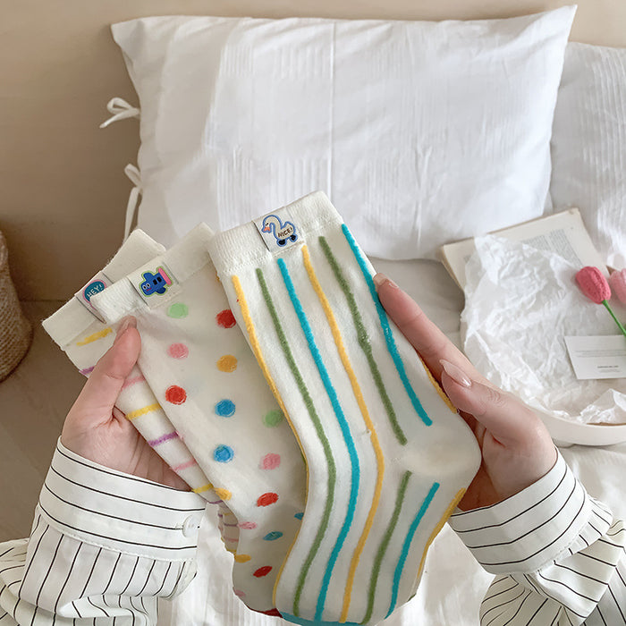 Wholesale Colorful fabric label socks, mid tube socks, polka dot striped sports and casual socks