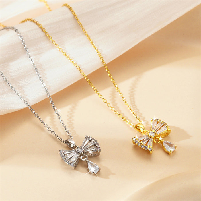 Wholesale Zirconia inlaid bow pendant accessory, titanium steel necklace, niche design, versatile collarbone chain accessory
