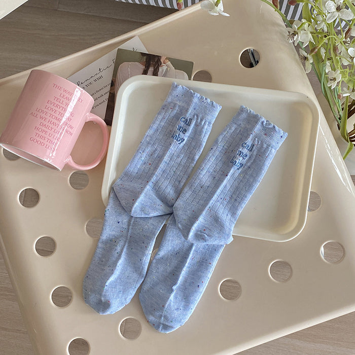 Wholesale Thin dotted yarn embroidered letters, mid tube socks, long tube socks, stacked socks, cotton
