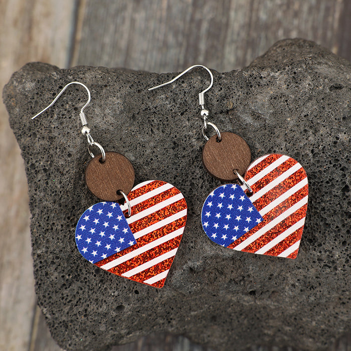 Wholesale  Heart Print American Flag ing Small Wood Pieces Acrylic Earrings Independence Day Earrings