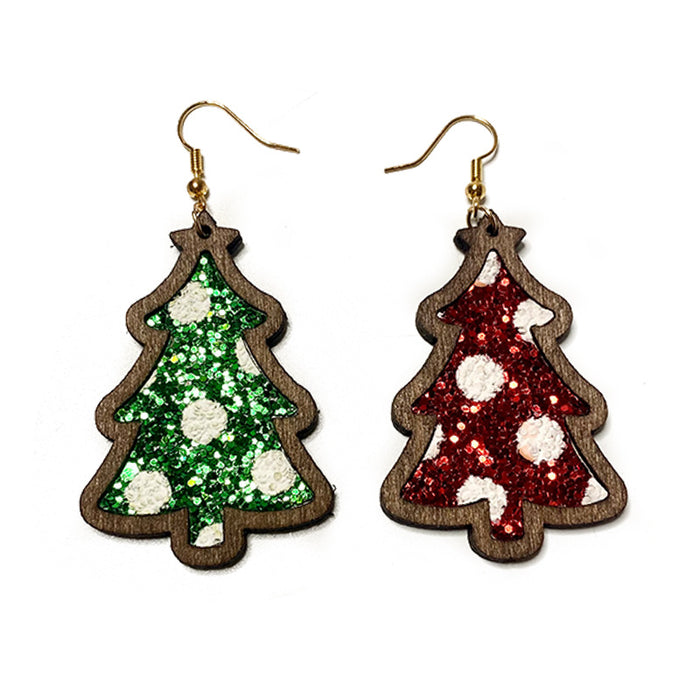 Wholesale Christmas flash leather wooden earrings wave point inlaid Christmas Tree Holiday earrings