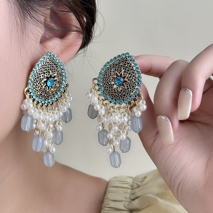 Wholesale Retro Bohemian Long Tassel Drop Earrings Heavy Industry Creative Ethnic Style Diamond-Encrusted High-End Earrings