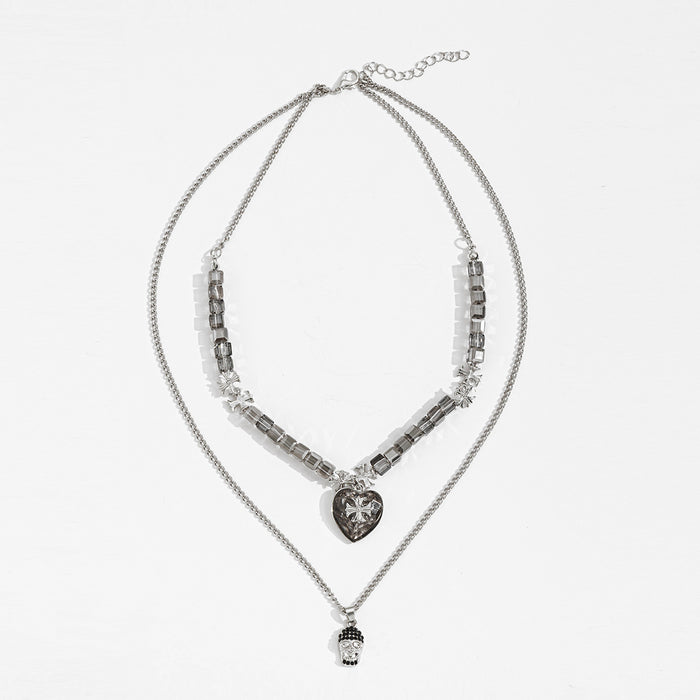 Wholesale Personalized and versatile skull pendant necklace with exaggerated layering, metal heart cross, men's necklace