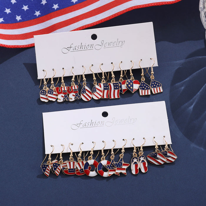 Wholesale Red White Blue Star Striped Heart Pendant Earring Set Patriotic Jewelry Accessory