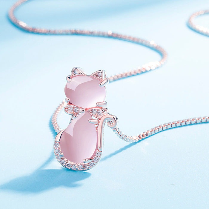 Wholesale Necklace Copper Pink Crystal Cat Pendant Clavicle Chain JDC-NE-JKL006