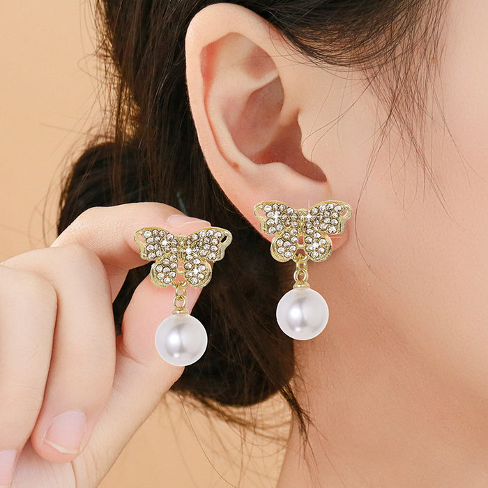 Wholesale Diamond butterfly pearl earrings exquisite and fashionable
