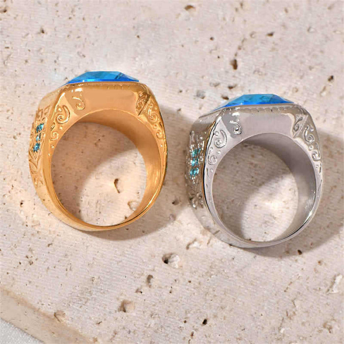 Wholesale HIPHOP titanium steel vacuum gold-plated ice blue rhinestone men' s ring